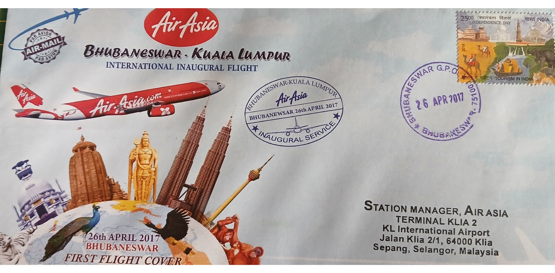 2017 Tickets 12 First Flight Cover Air Asia Bhubaneswar to Kualampur